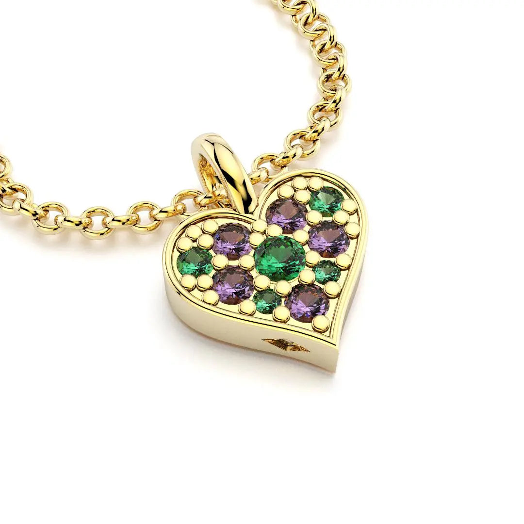 Collier coeur en or jaune avec émeraudes et saphirs violets