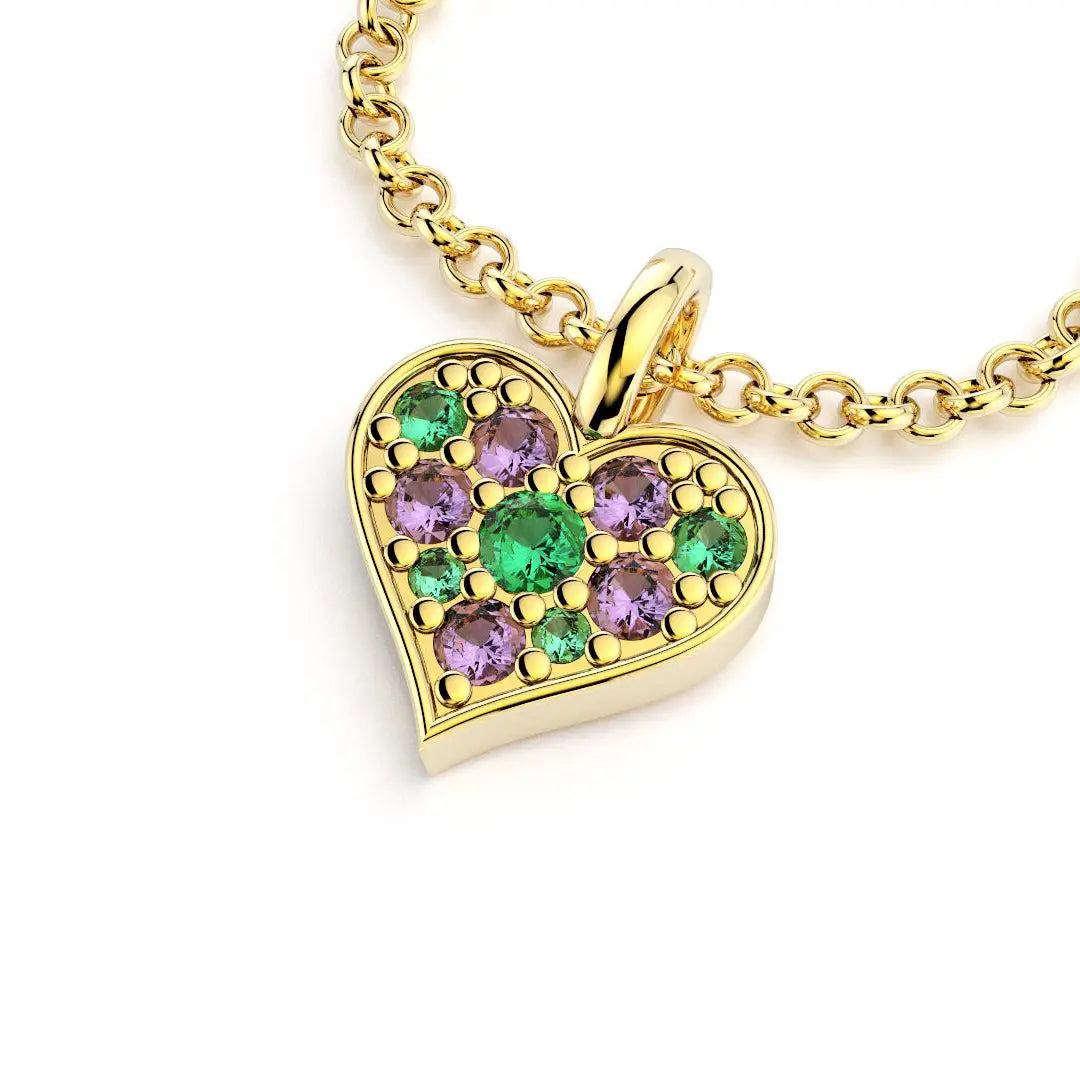 Collier coeur en or jaune avec émeraudes et saphirs violets