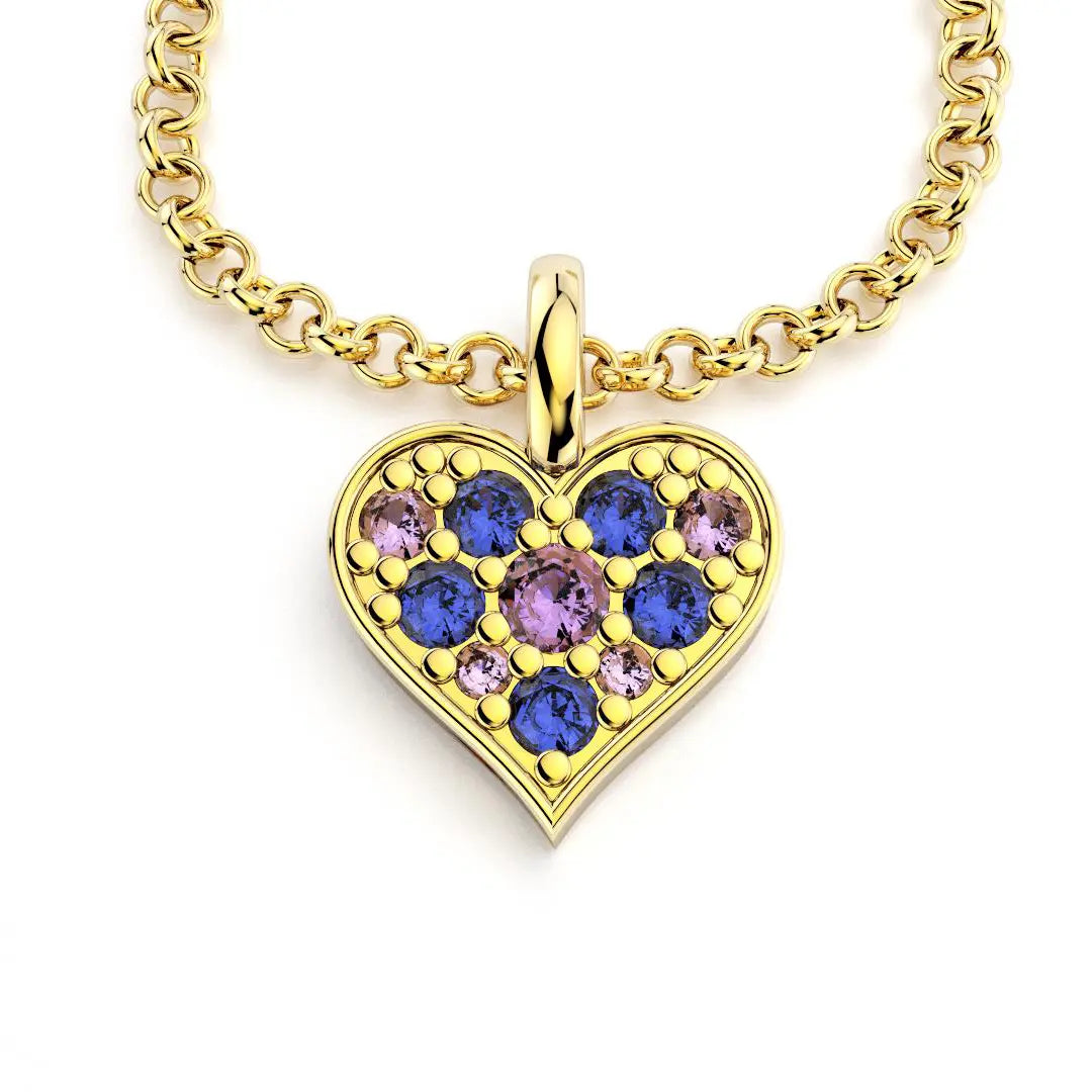 Collier coeur en or jaune avec saphirs bleu et saphirs violets