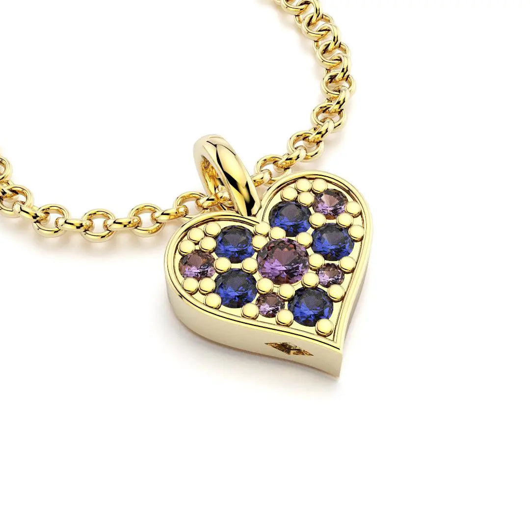 Collier coeur en or jaune avec saphirs bleu et saphirs violets