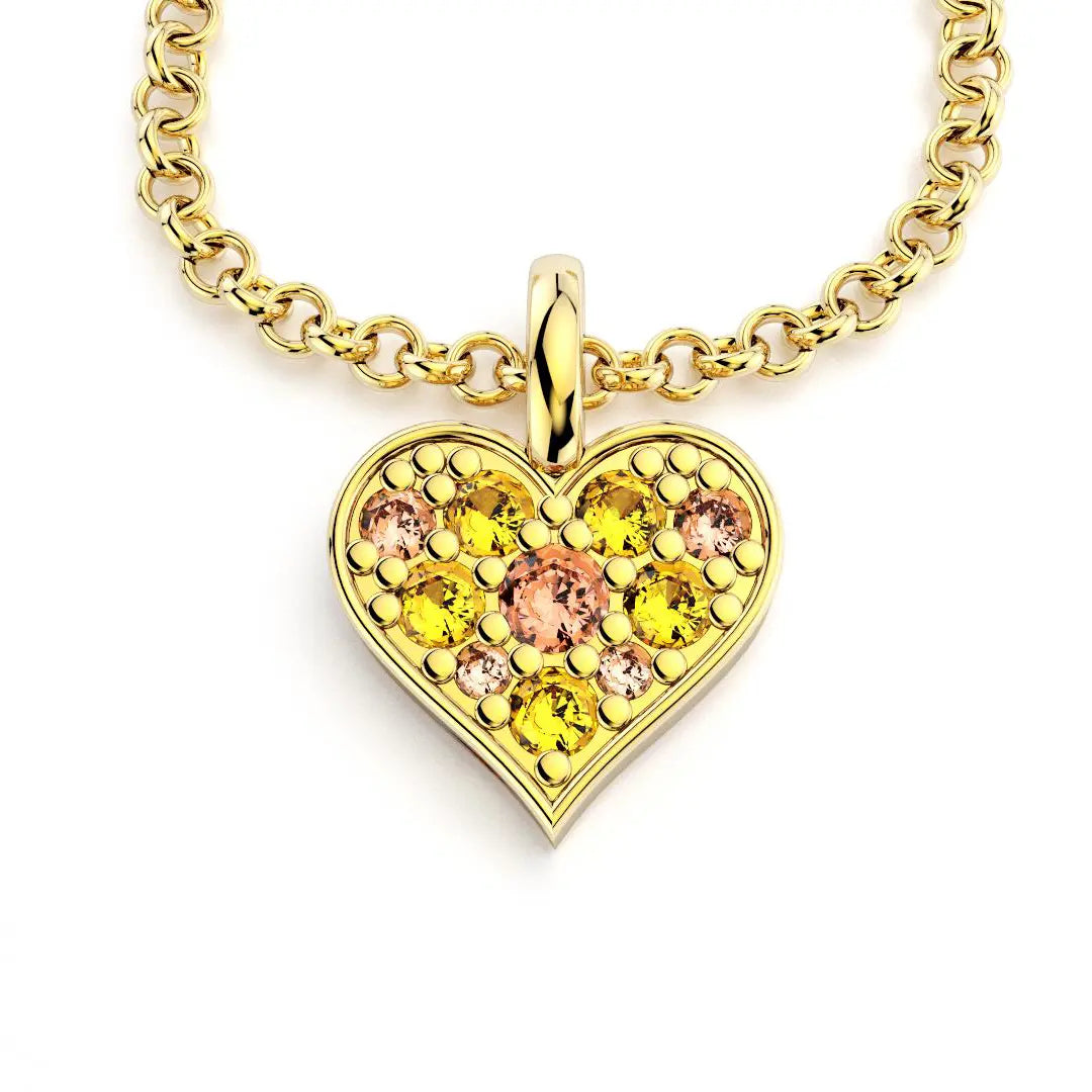 Collier coeur en or jaune avec saphirs pêches et saphirs jaunes