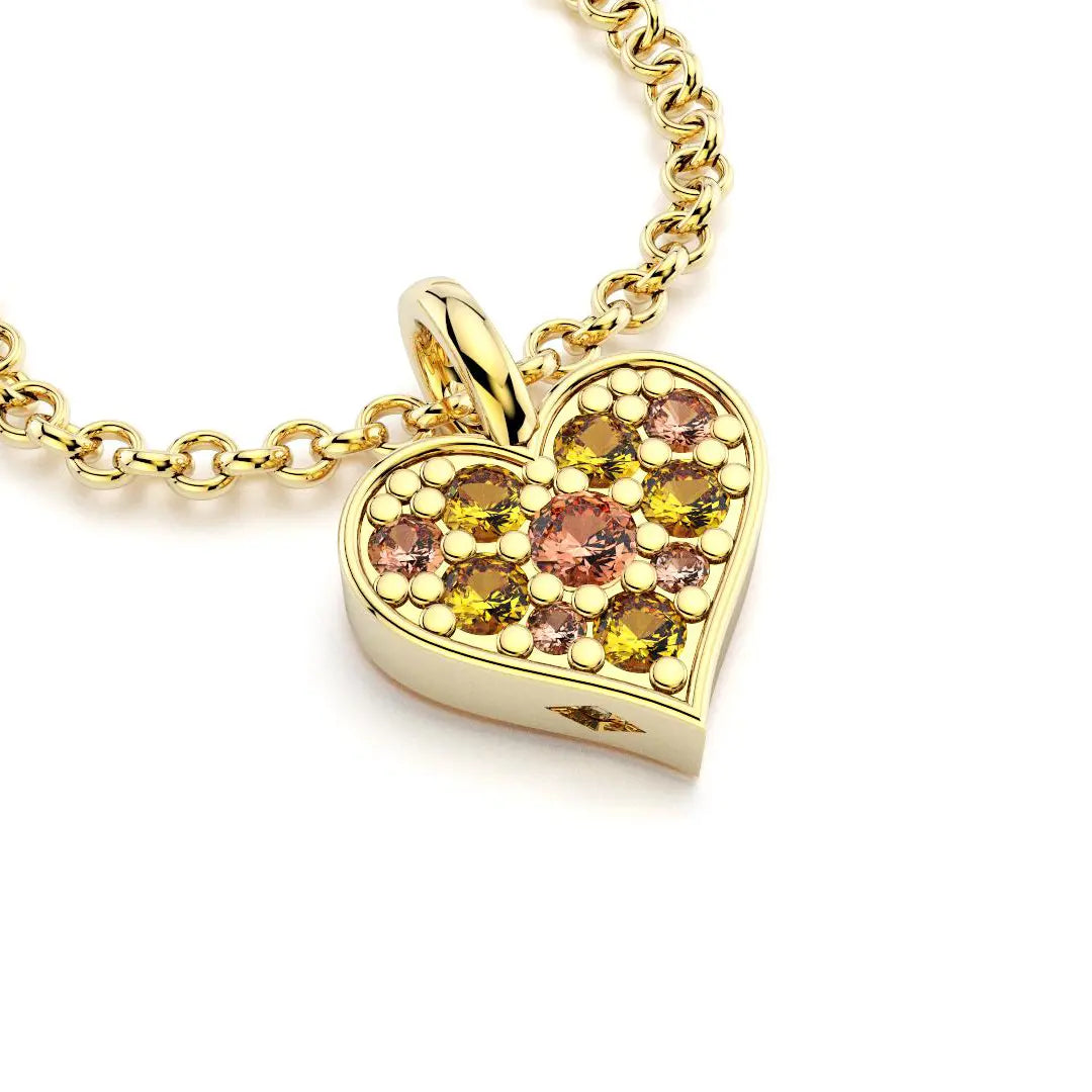 Collier coeur en or jaune avec saphirs pêches et saphirs jaunes