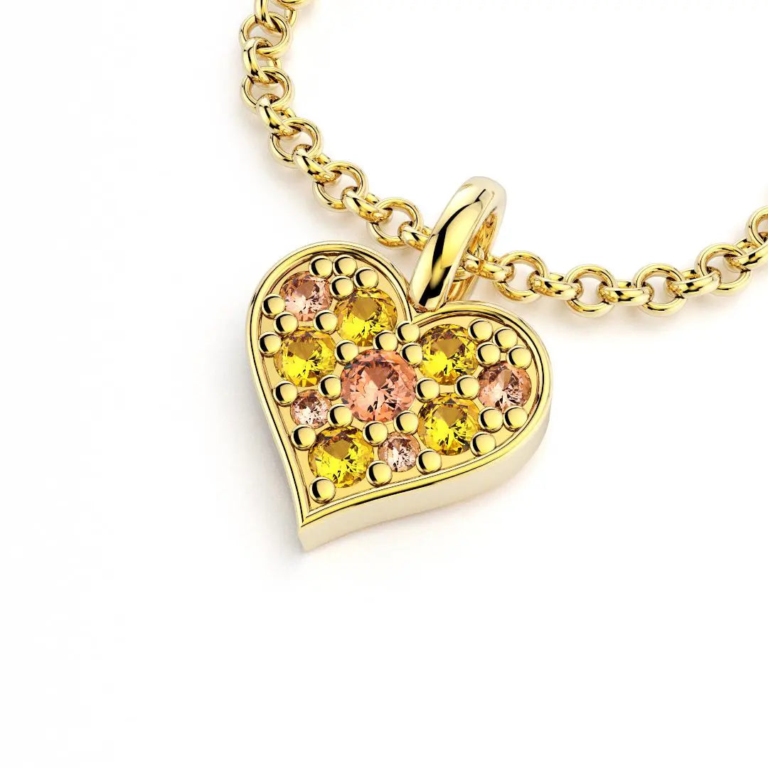 Collier coeur en or jaune avec saphirs pêches et saphirs jaunes