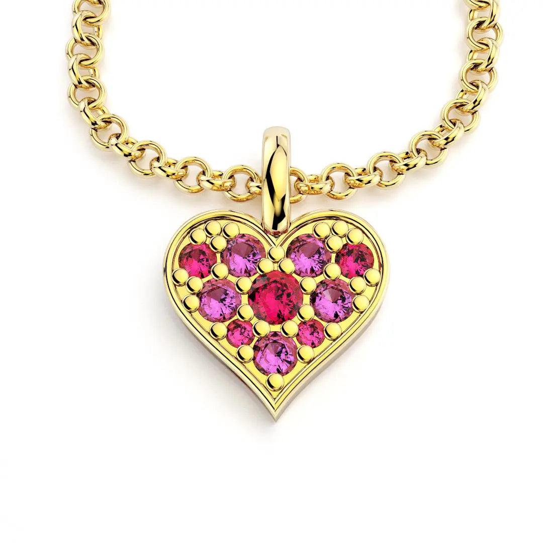 Collier coeur en or jaune avec saphirs magenta et rubis