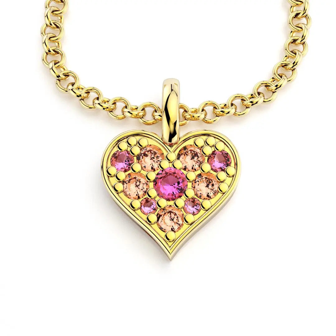 Collier coeur en or jaune avec saphirs pêches et saphirs roses
