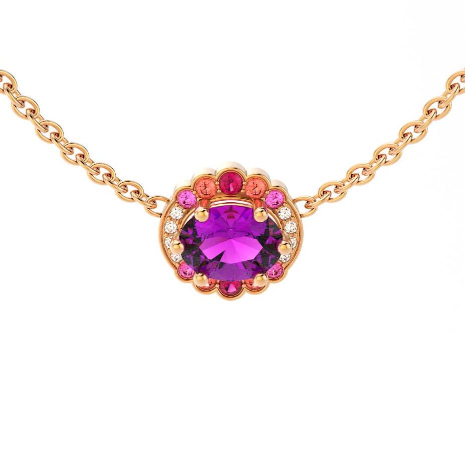 Collier femme en or rose avec pierre semi-précieuse grenat violet saphirs peches saphirs roses