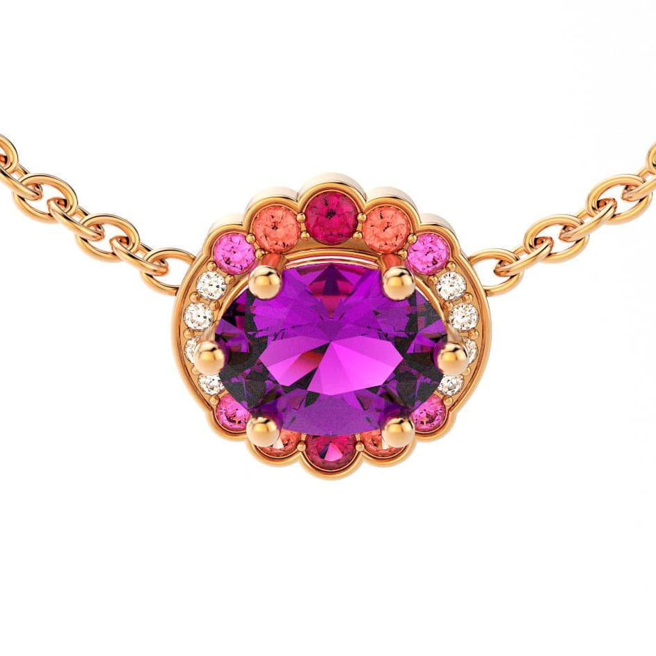 Collier femme en or rose avec pierre semi-précieuse grenat violet saphirs peches saphirs roses