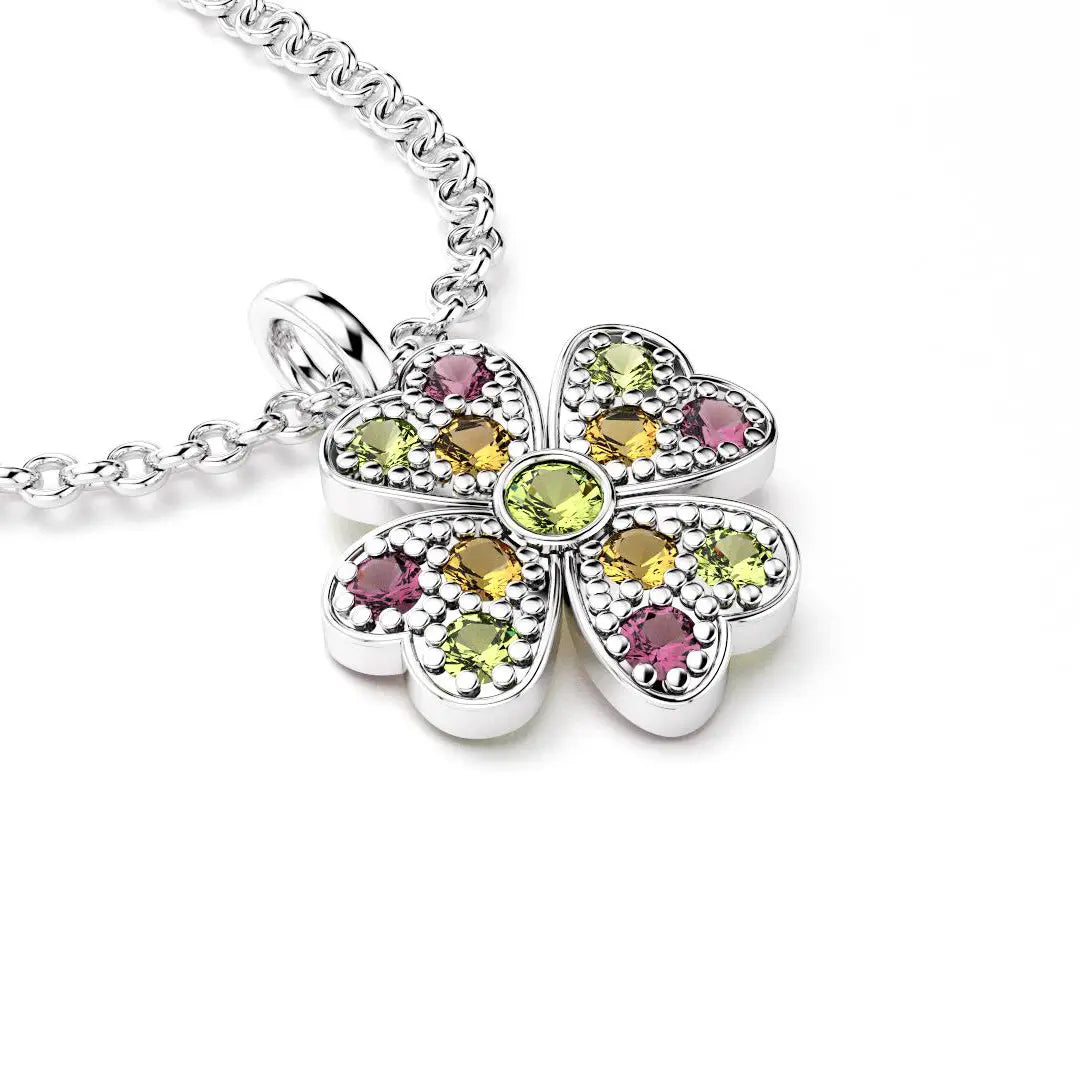 collier trefle  pour femme en argent et citrine et rhodolite et peridot