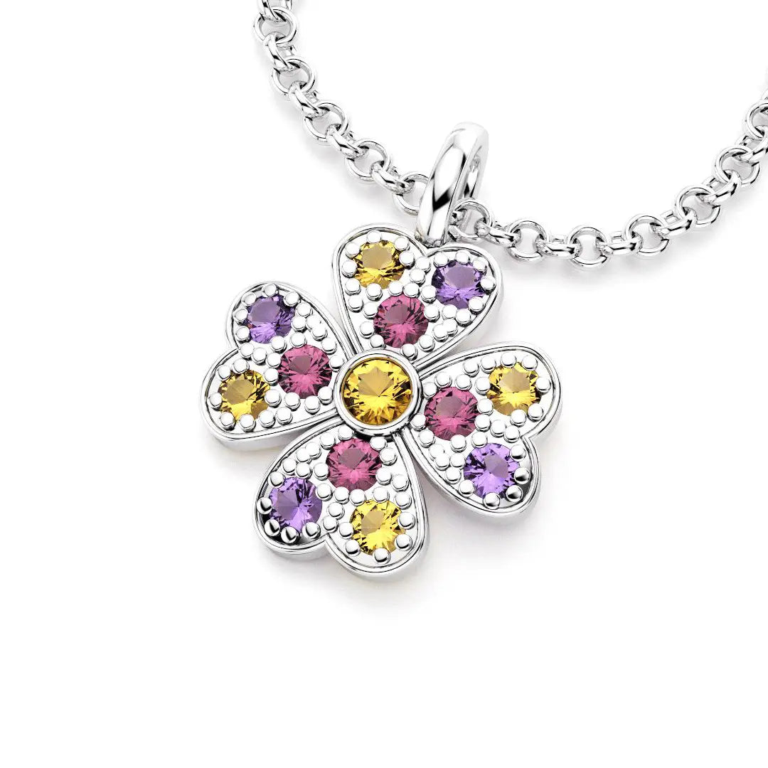 collier trefle  pour femme en argent et rhodolite et amethyste et citrine