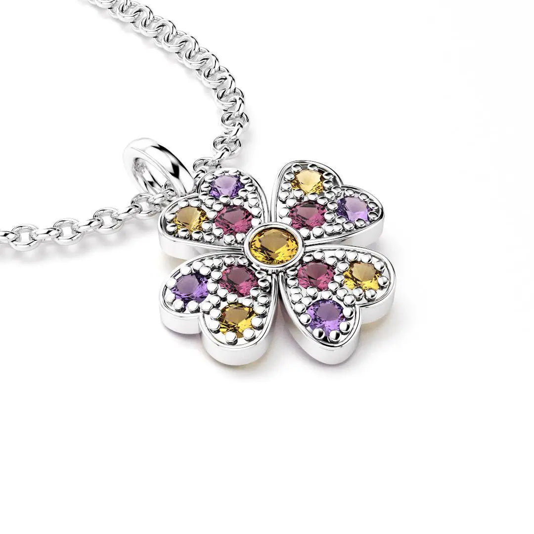 collier trefle  pour femme en argent et rhodolite et amethyste et citrine