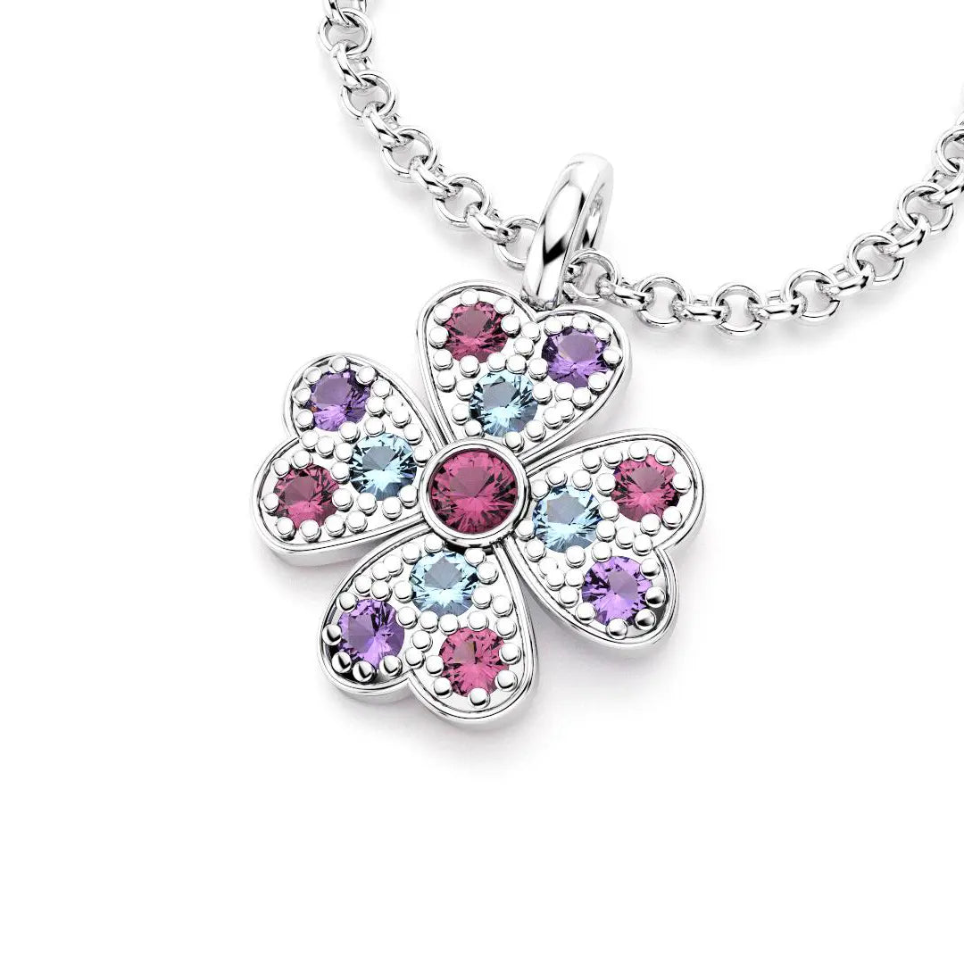 collier trefle  pour femme en argent et rhodolite et amethyste et topaze