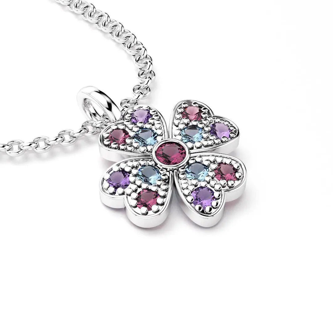 collier trefle  pour femme en argent et rhodolite et amethyste et topaze
