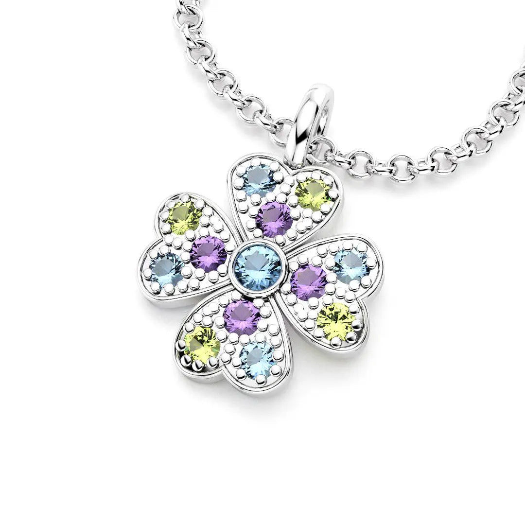 collier trefle  pour femme en argent et peridot et amethyste et topaze