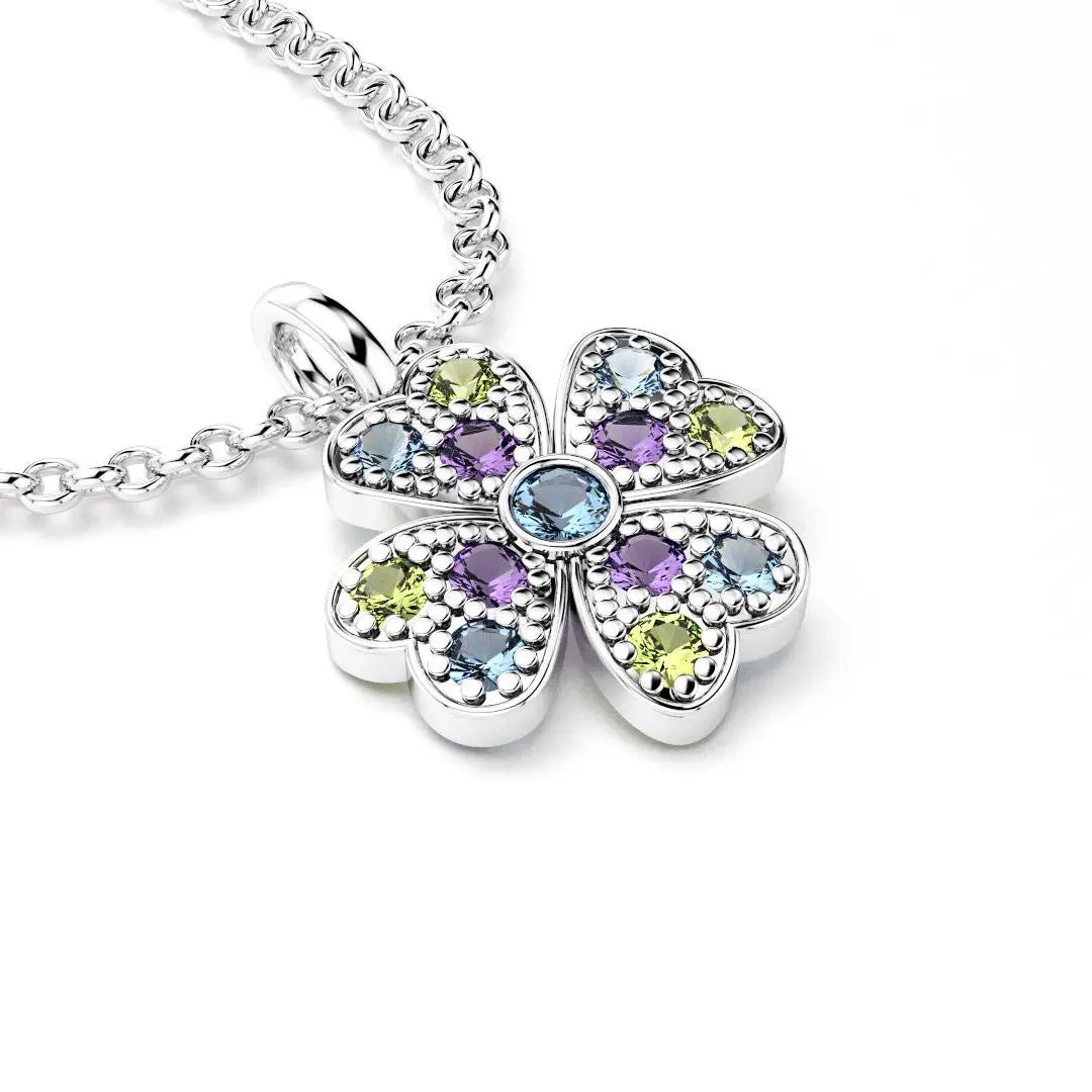 collier trefle  pour femme en argent et peridot et amethyste et topaze