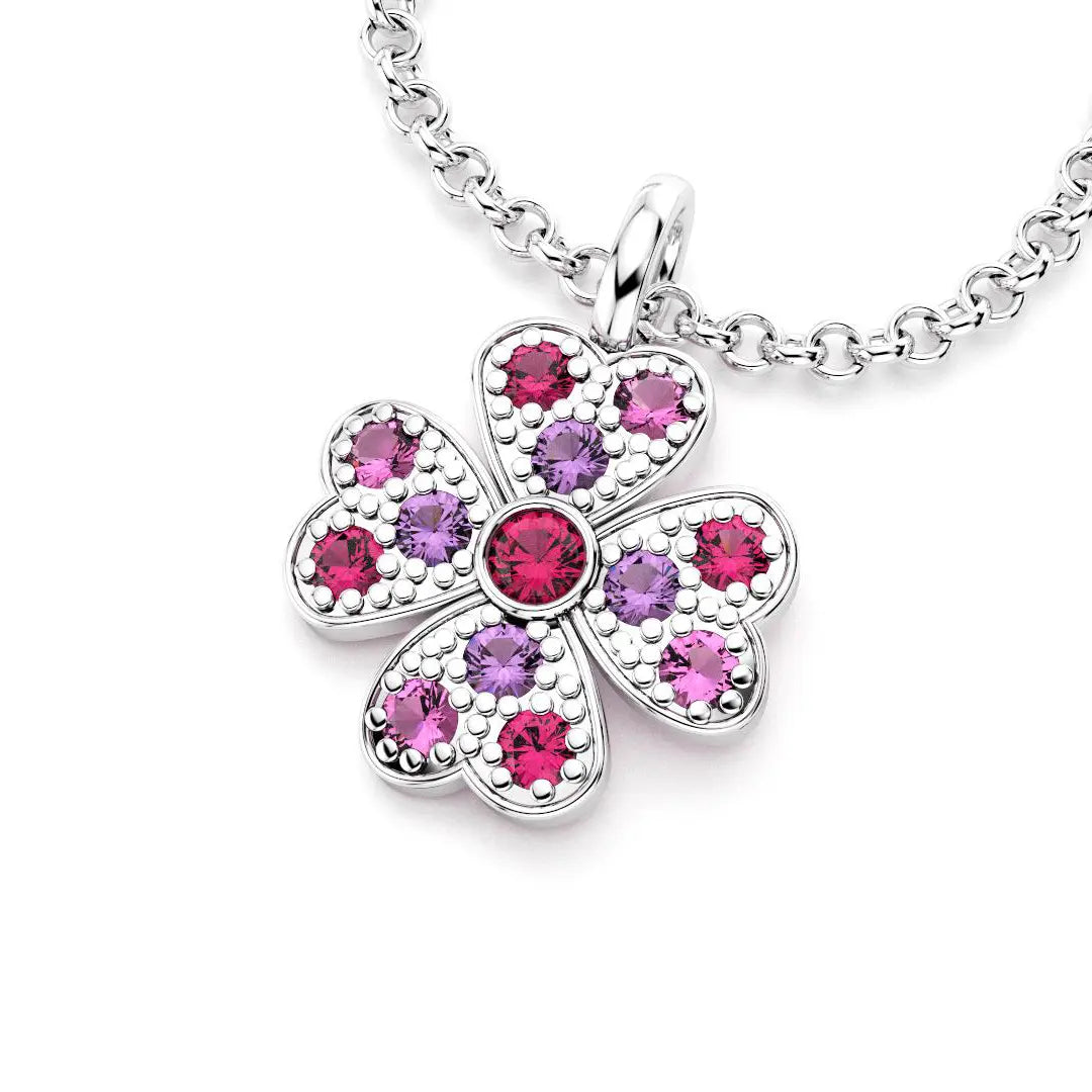 collier trefle  pour femme en or blanc et rubis et saphirs roses et saphirs violets