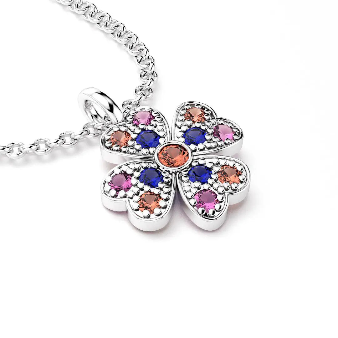 collier trefle  pour femme en or blanc et rubis et saphirs roses et saphirs bleus et saphirs peches