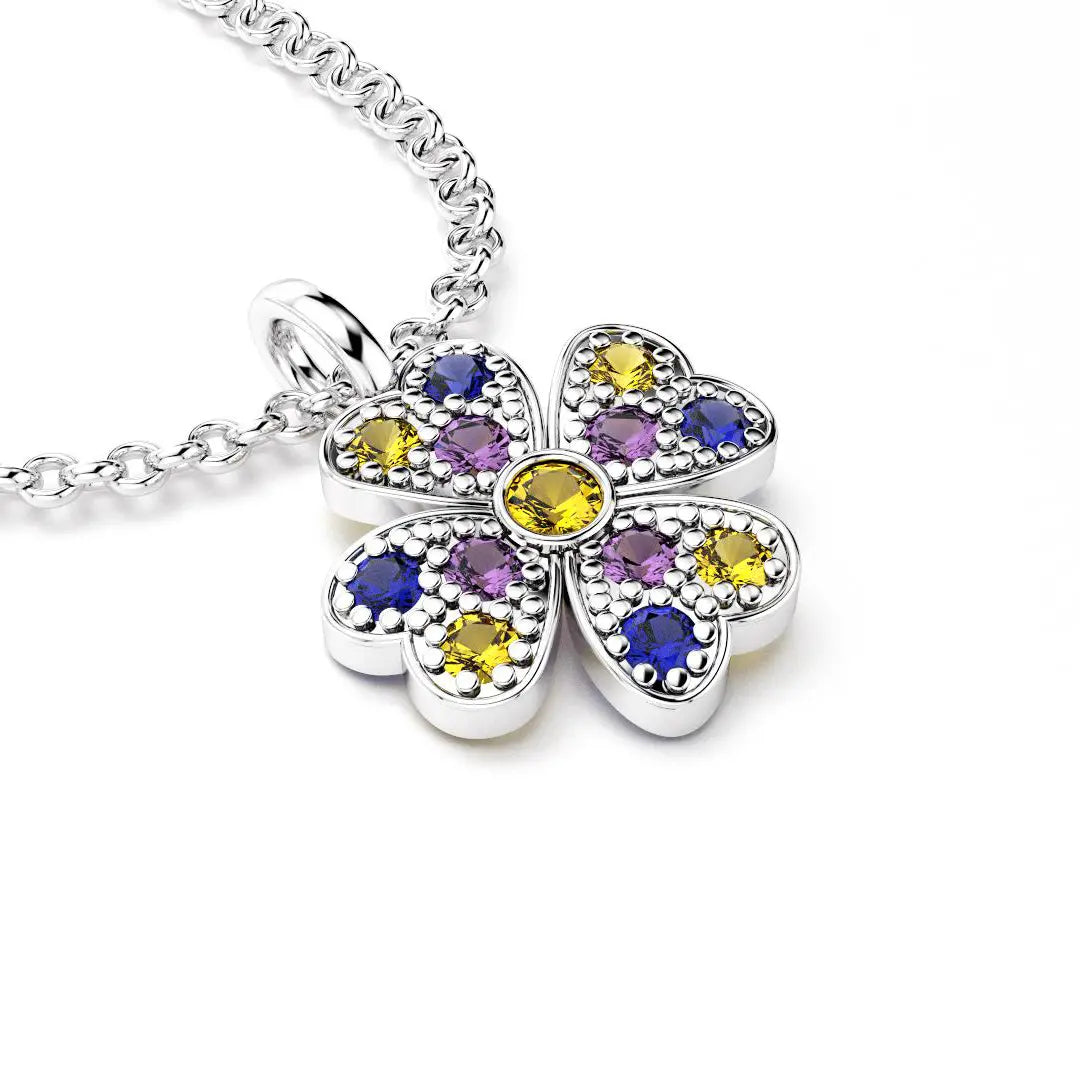 collier trefle  pour femme en or blanc et saphirs bleus et saphirs violets et saphirs jaunes