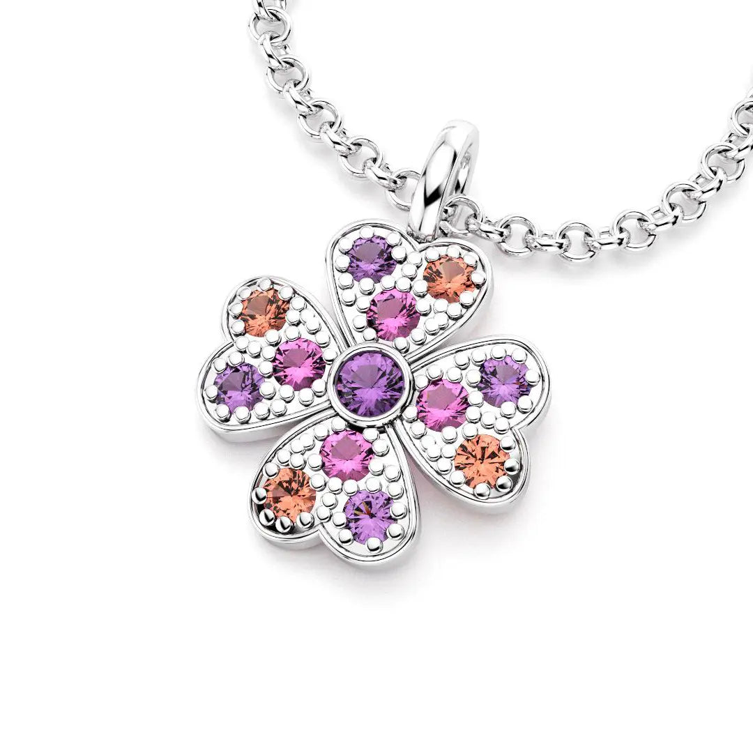 collier trefle  pour femme en or blanc et saphirs roses et saphirs violets et saphirs peches
