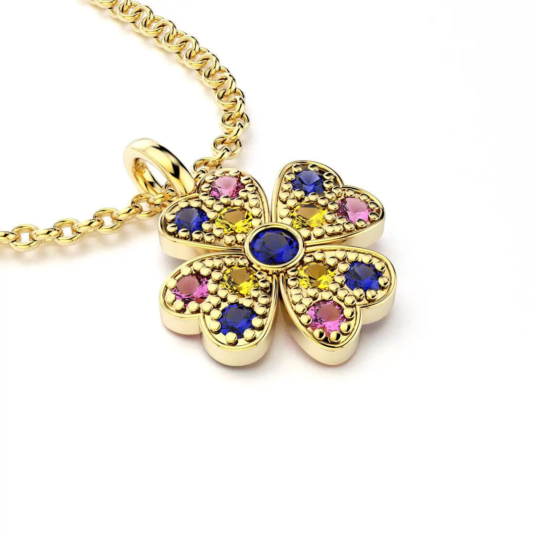 collier trefle  pour femme en or jaune et saphirs bleu et saphirs jaunes et saphirs peches et saphirs rose