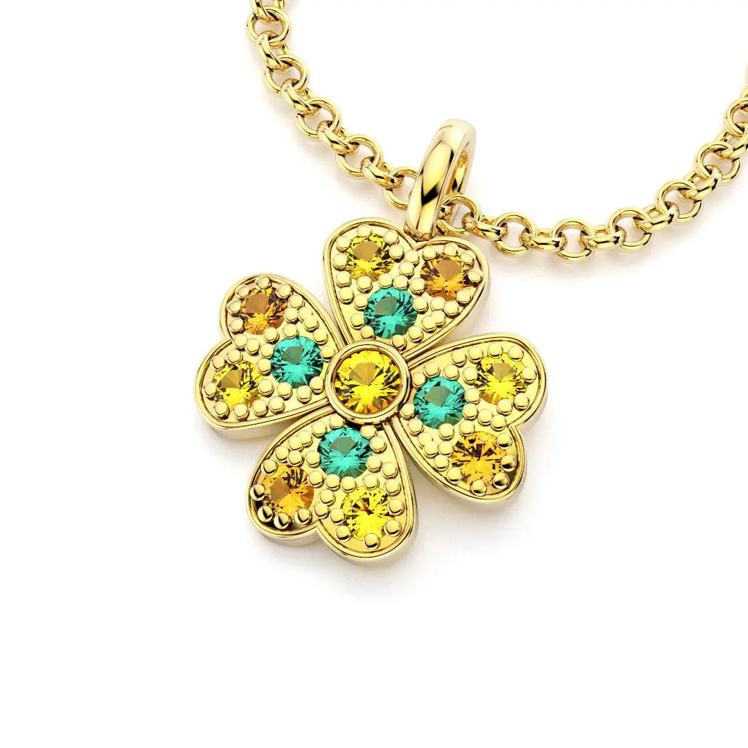 collier trefle  pour femme en or jaune et saphirs jaunes et emeraudes et grenats mandarins
