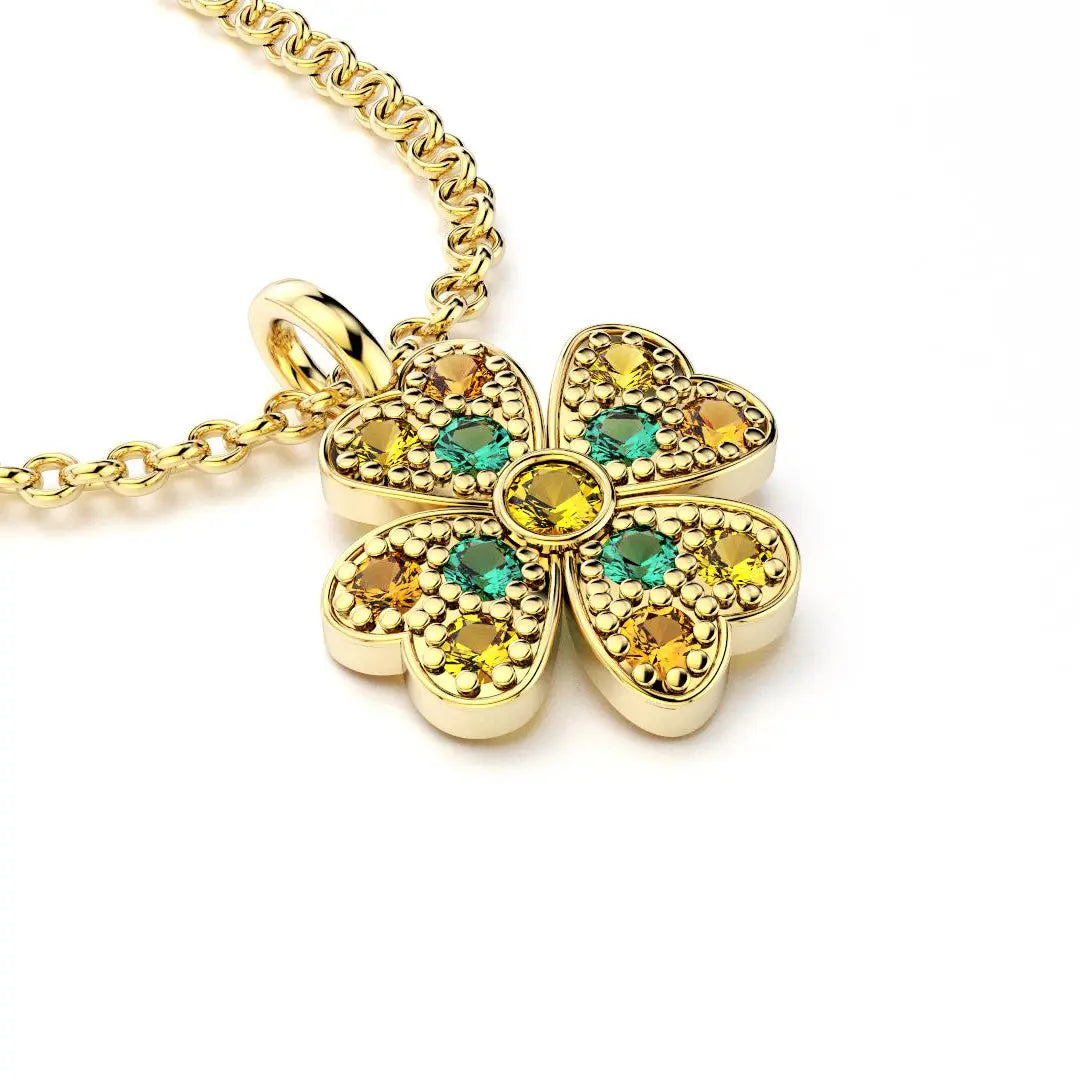 collier trefle  pour femme en or jaune et saphirs jaunes et emeraudes et grenats mandarins