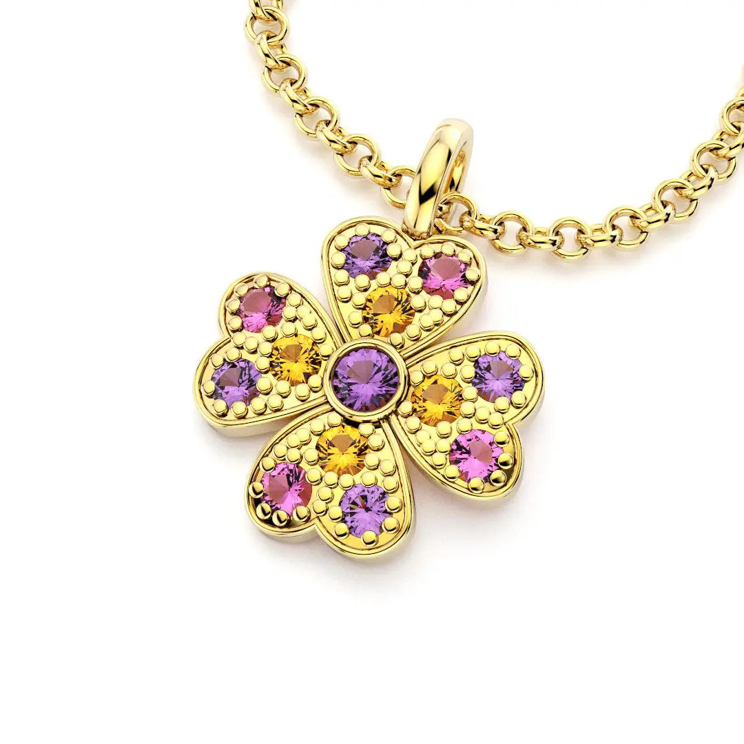 collier trefle  pour femme en or jaune et saphirs violets et saphirs roses et grenats mandarins