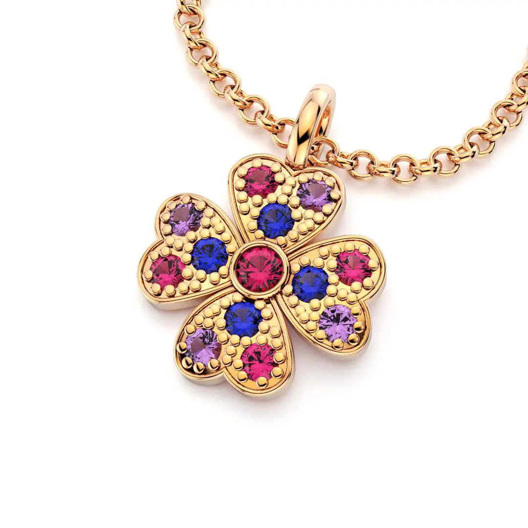 collier trefle  pour femme en or rose et saphirs_violets et rubis et saphirs bleus
