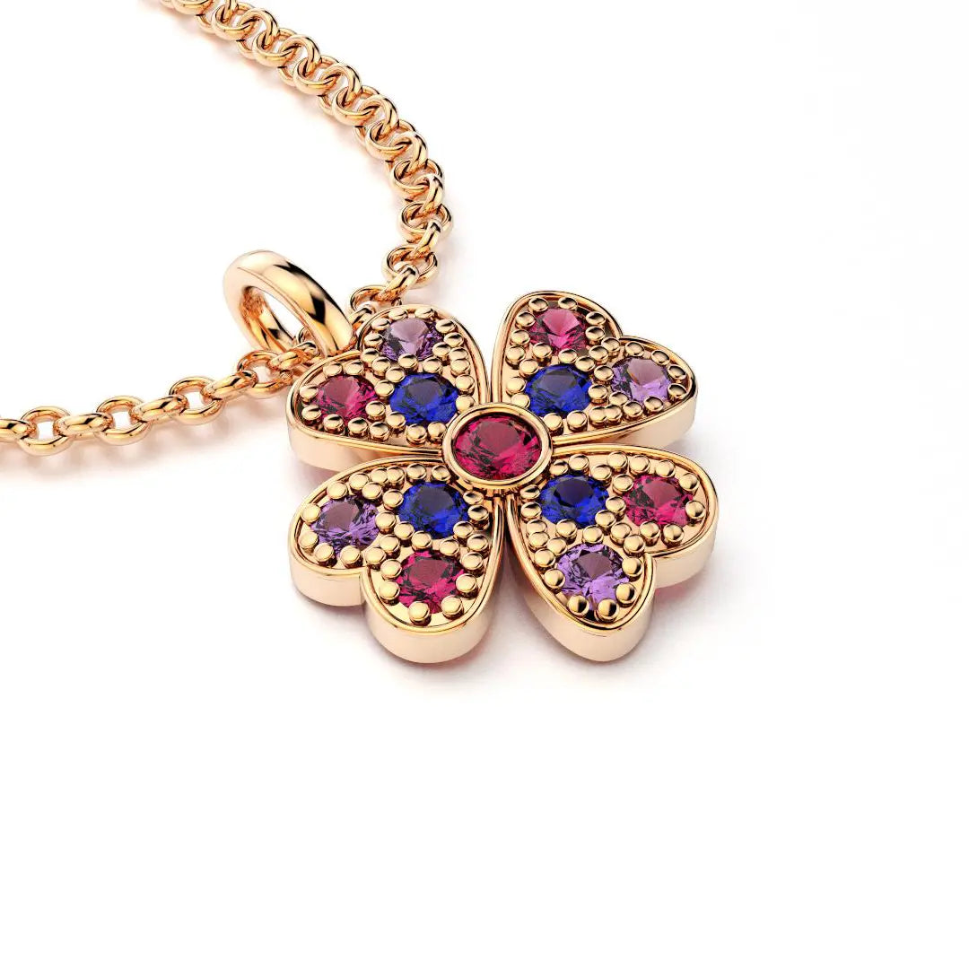 collier trefle  pour femme en or rose et saphirs_violets et rubis et saphirs bleus