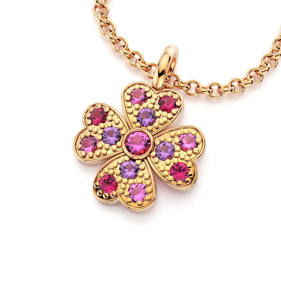 collier trefle  pour femme en or rose et saphirs violets et rubis et saphirs rose