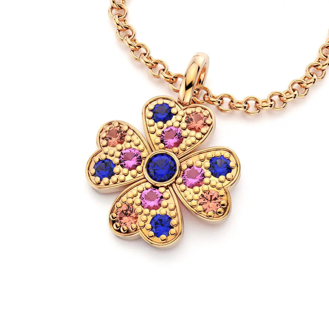 collier trefle  pour femme en or rose et saphirs violets et saphirs peches et saphirs rose