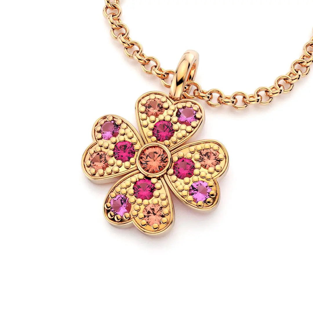 collier trefle  pour femme en or rose et rubis et saphirs peches et saphirs rose