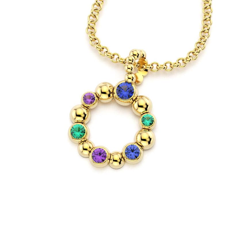 Collier volga femme en ro jaune avec pierre semi-précieuse émeraude et saphir bleu et saphir violet
