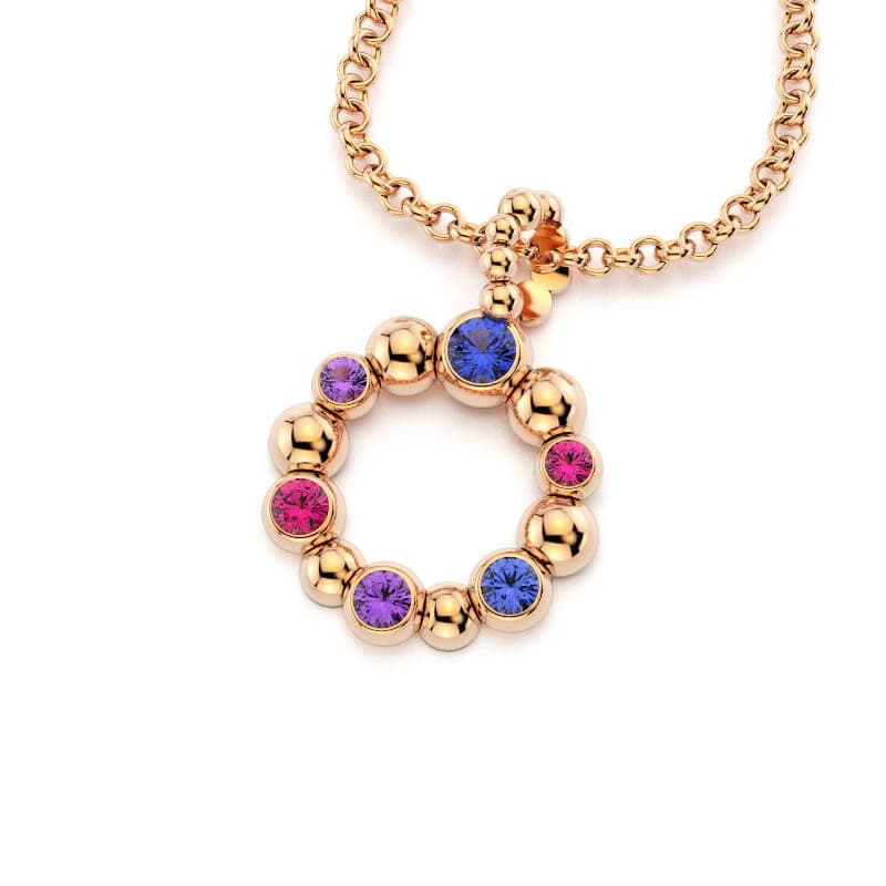 Collier volga femme en or rose avec pierre semi-précieuse saphir violet et saphir bleu et rubi