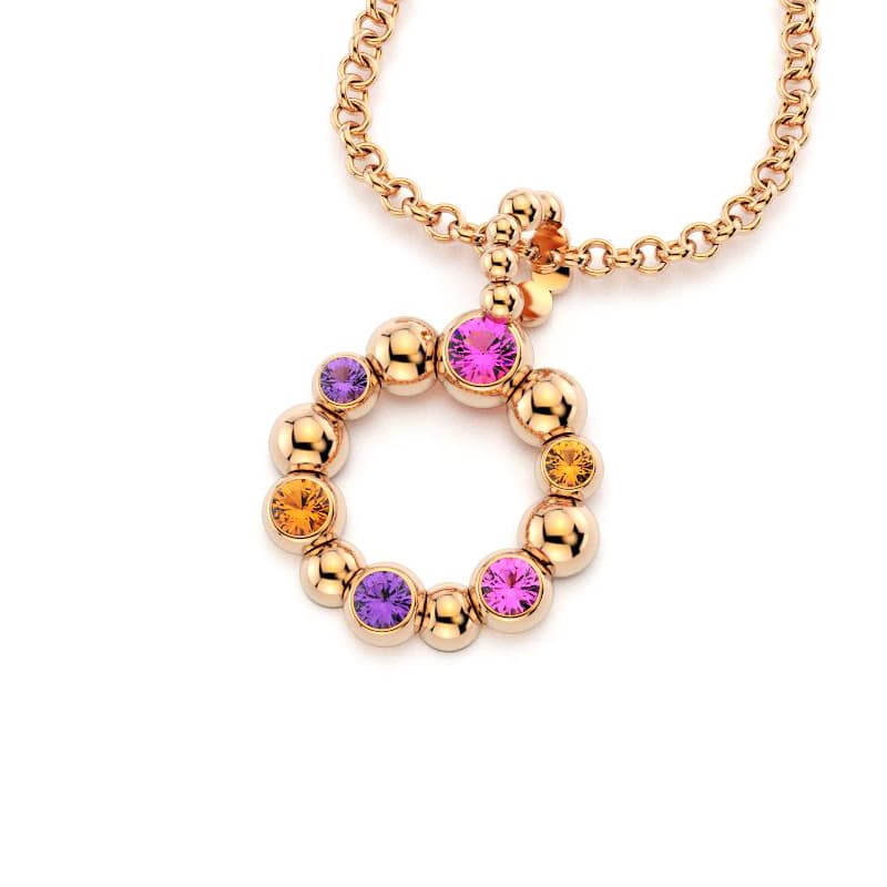 Collier volga femme en or rose avec pierre semi-précieuse saphir violet et saphir rose et grenat mandarin
