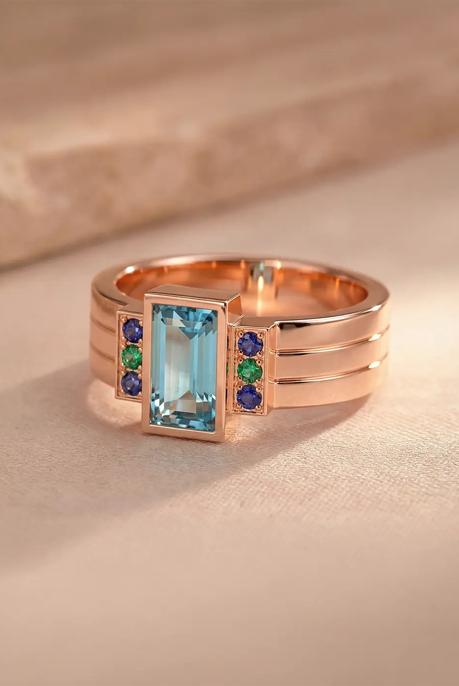 Bague Art Déco Bajoia en Or rose 18 carats sertie d'une aigue-marine baguette, saphirs et émeraudes