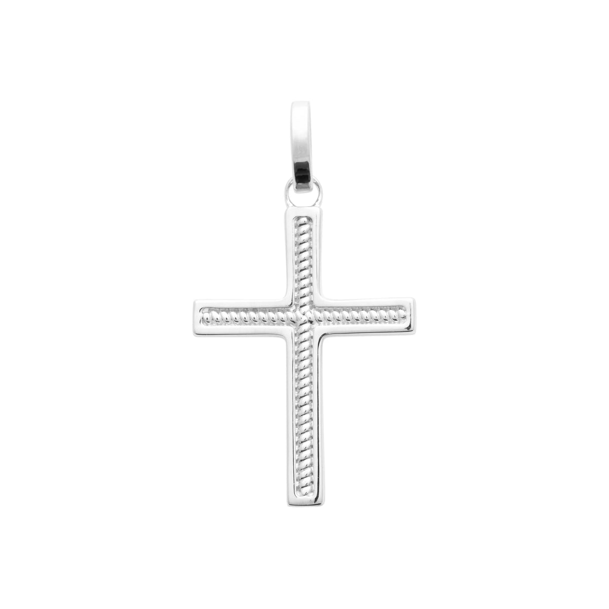 Pendentif croix bordée de cordelette en argent rhodié