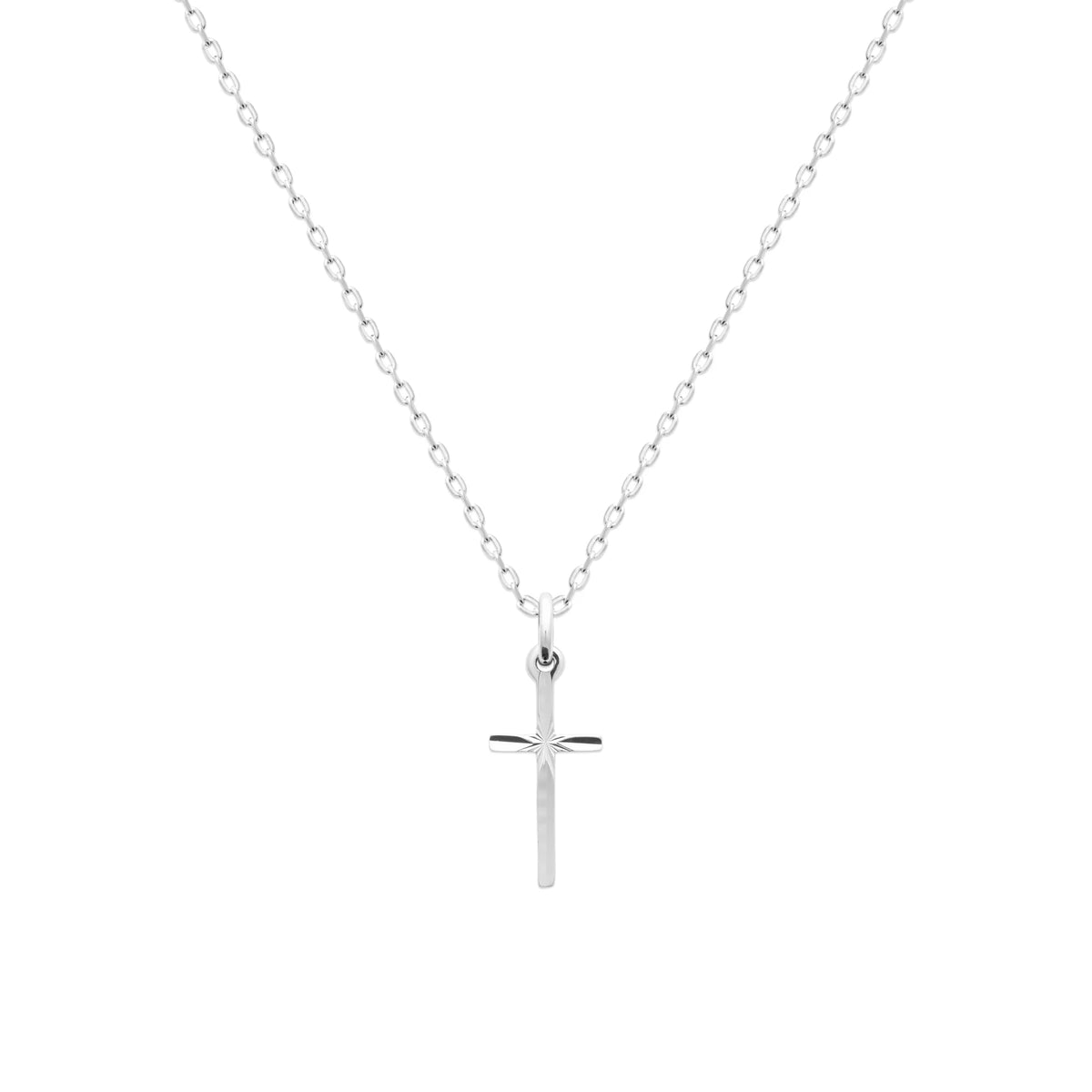 Pendentif croix fine diamantée en argent rhodié vu de profil