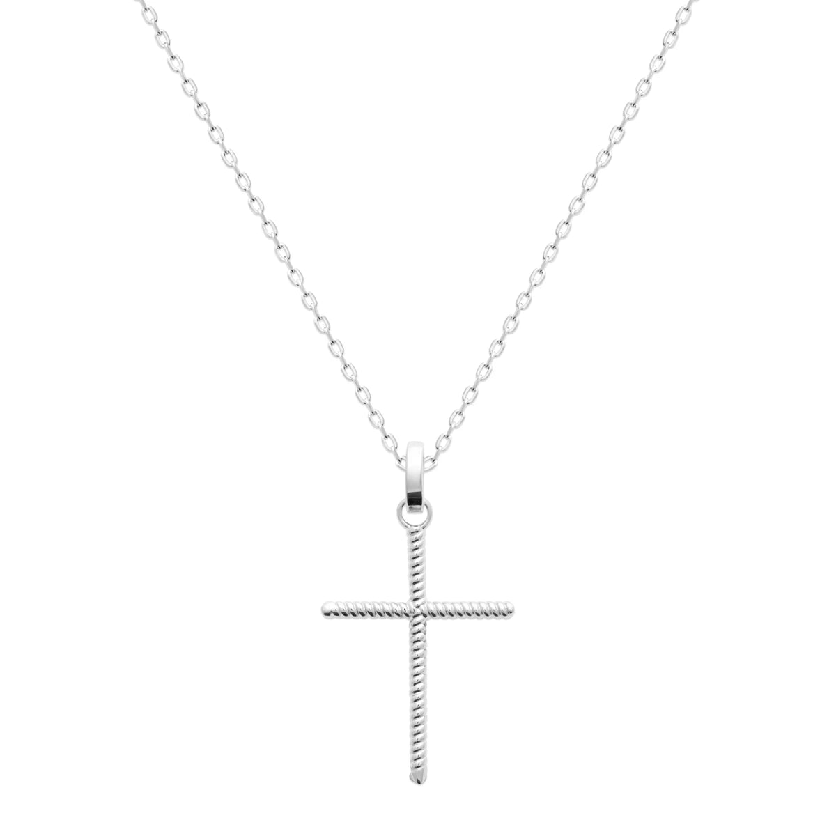 Pendentif croix fine torsadée en argent rhodié vu de profil