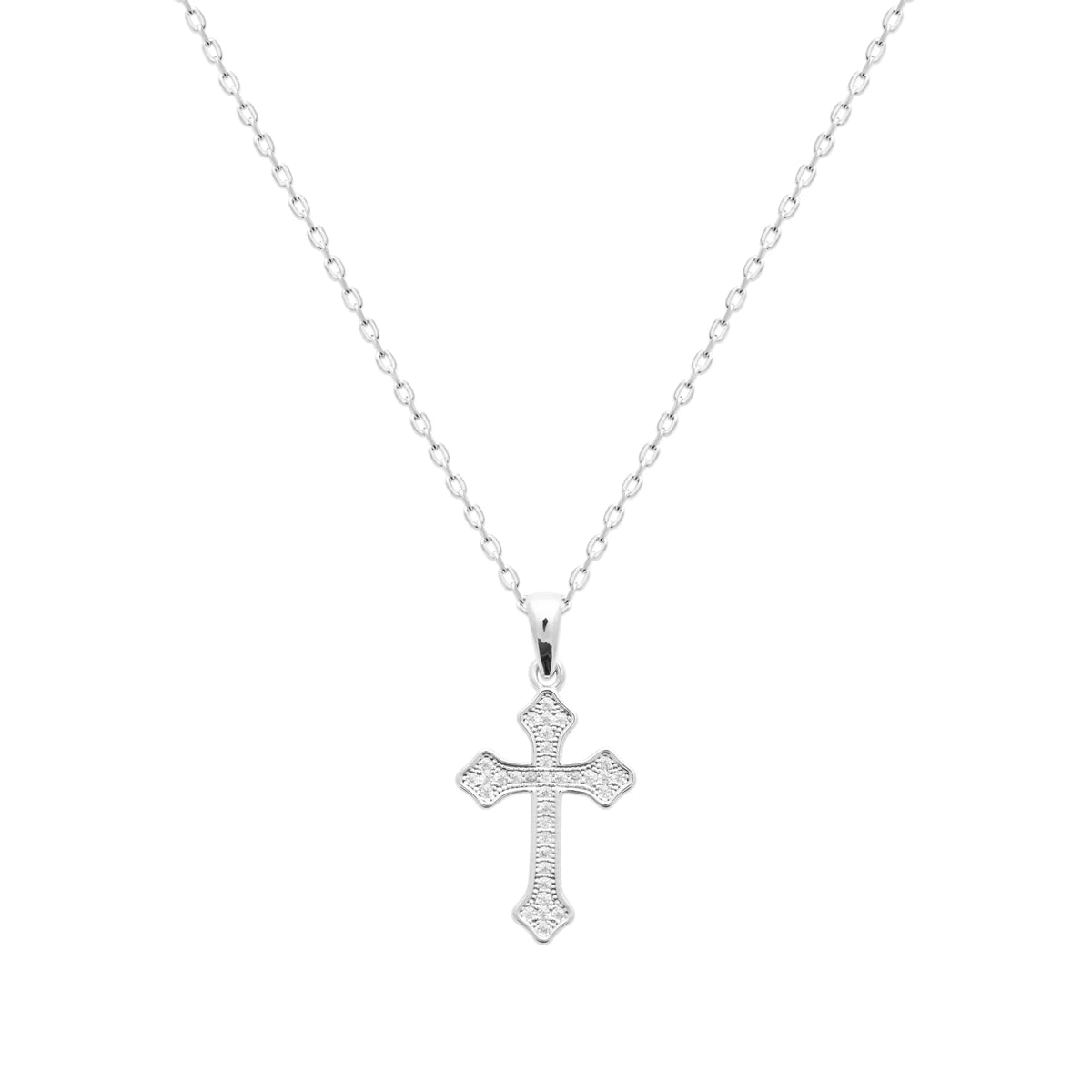 Pendentif croix fleurdelisée pavée de zircons en argent rhodié vu de profil