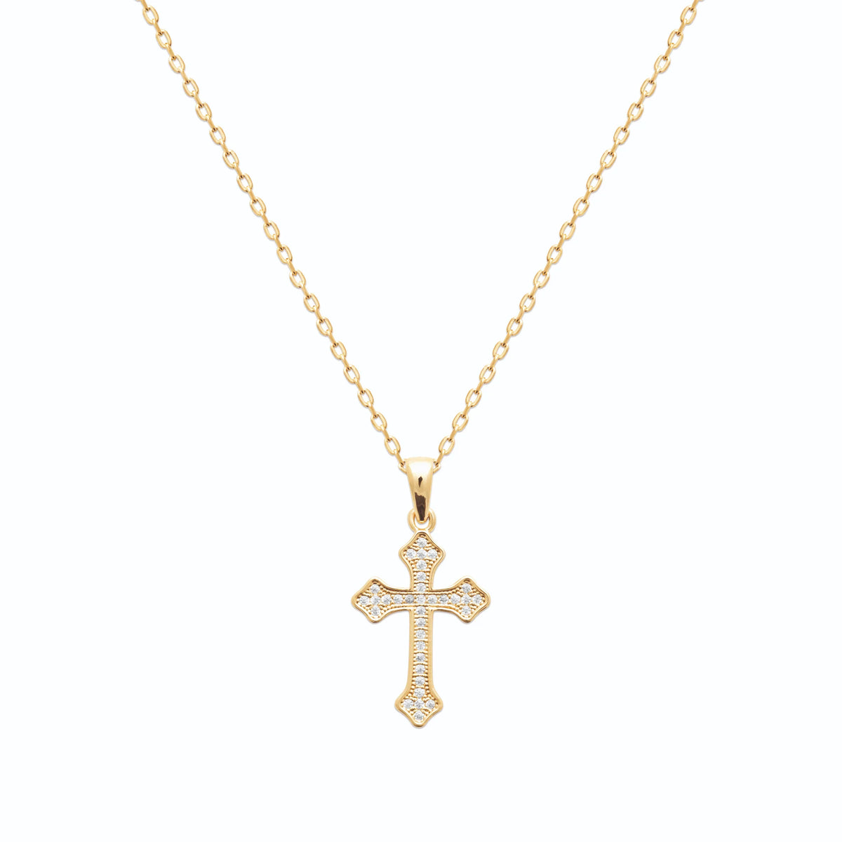 Pendentif croix fleurdelisée pavée de zircons en plaqué or vu de profil