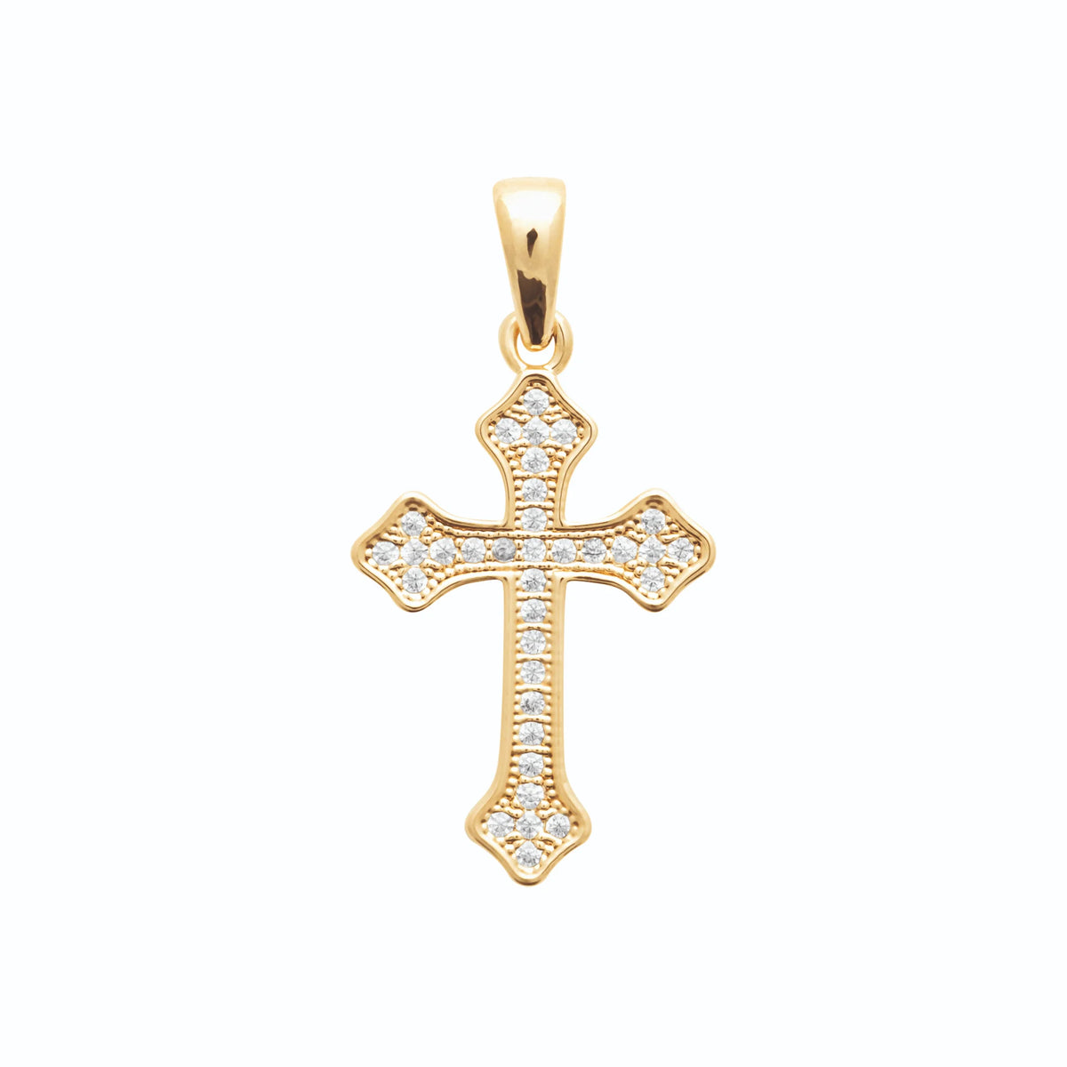 Pendentif croix fleurdelisée pavée de zircons en plaqué or