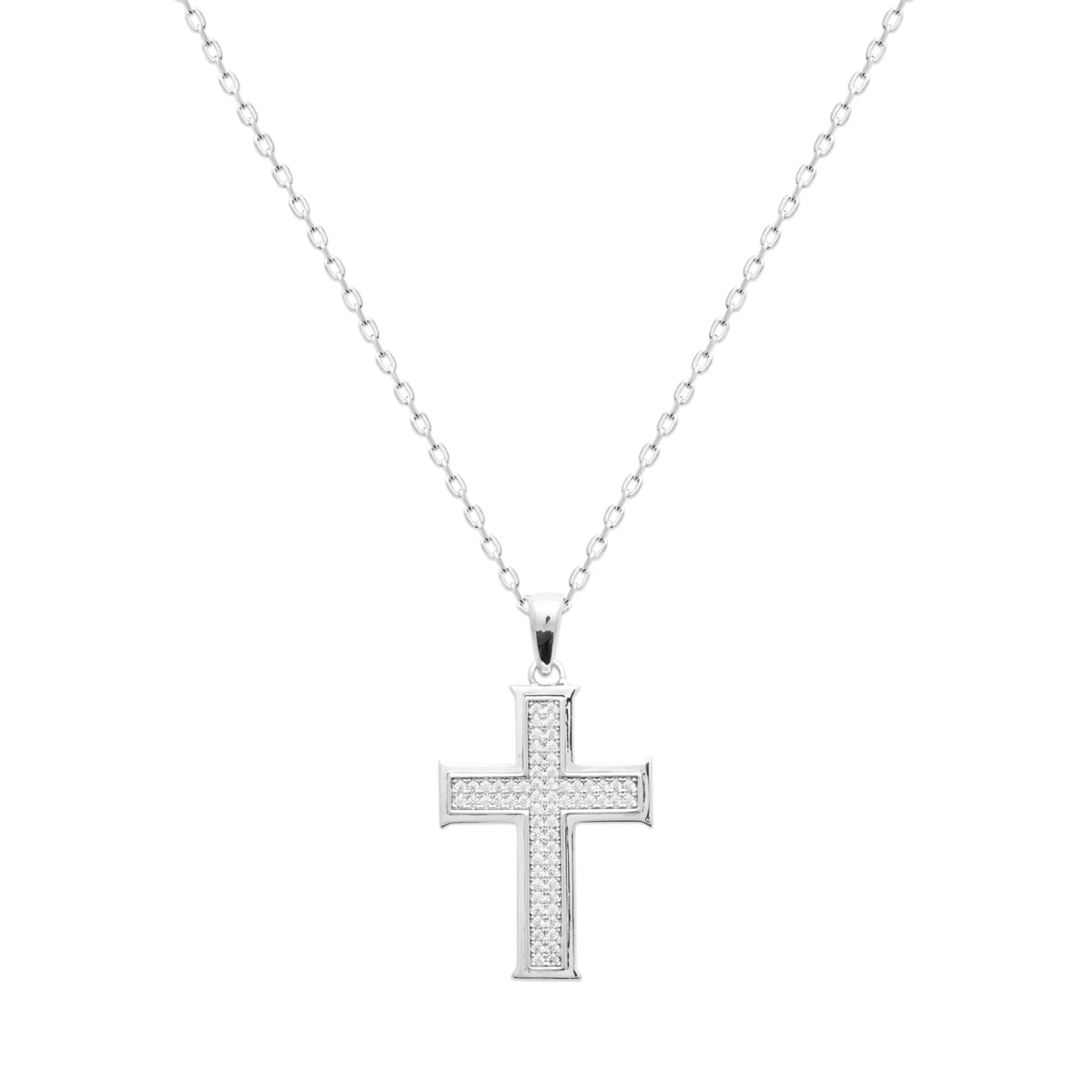 Pendentif croix pavée de zircons en argent 925 vu de profil