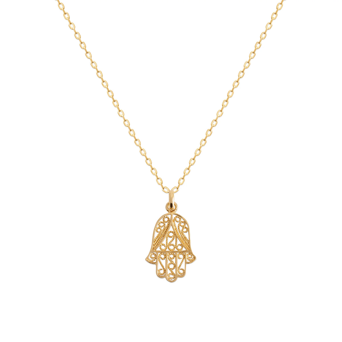 Pendentif main de Fatma filigranée en plaqué or vu de profil