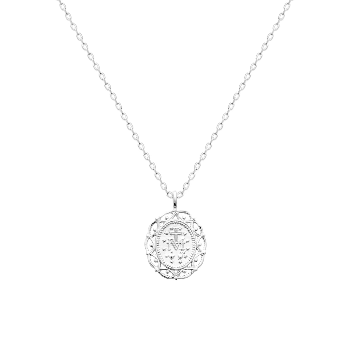 Pendentif médaille Vierge Marie miraculeuse ajourée en argent rhodié vu de profil