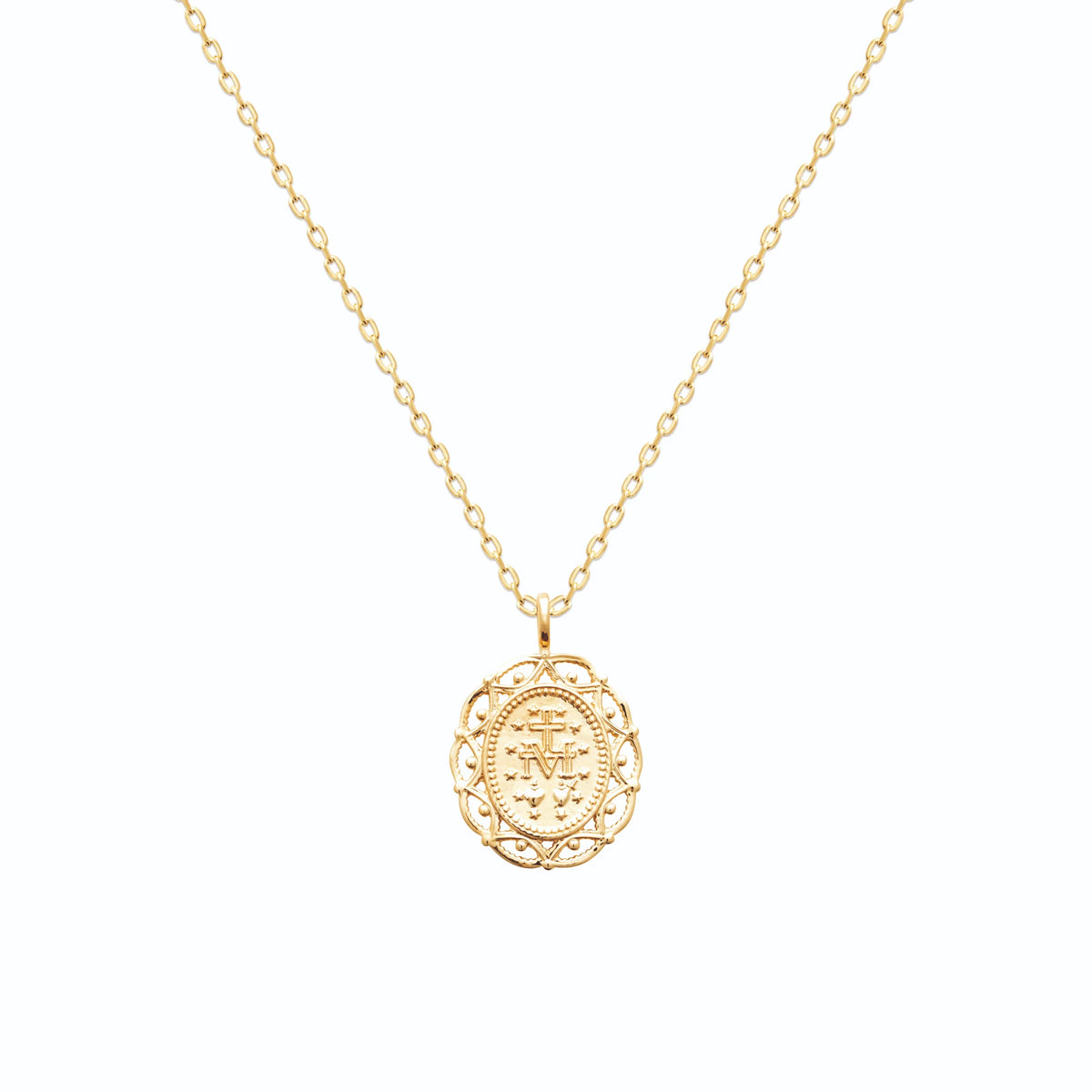 Pendentif médaille Vierge Marie miraculeuse ajourée en plaqué or vu de profil