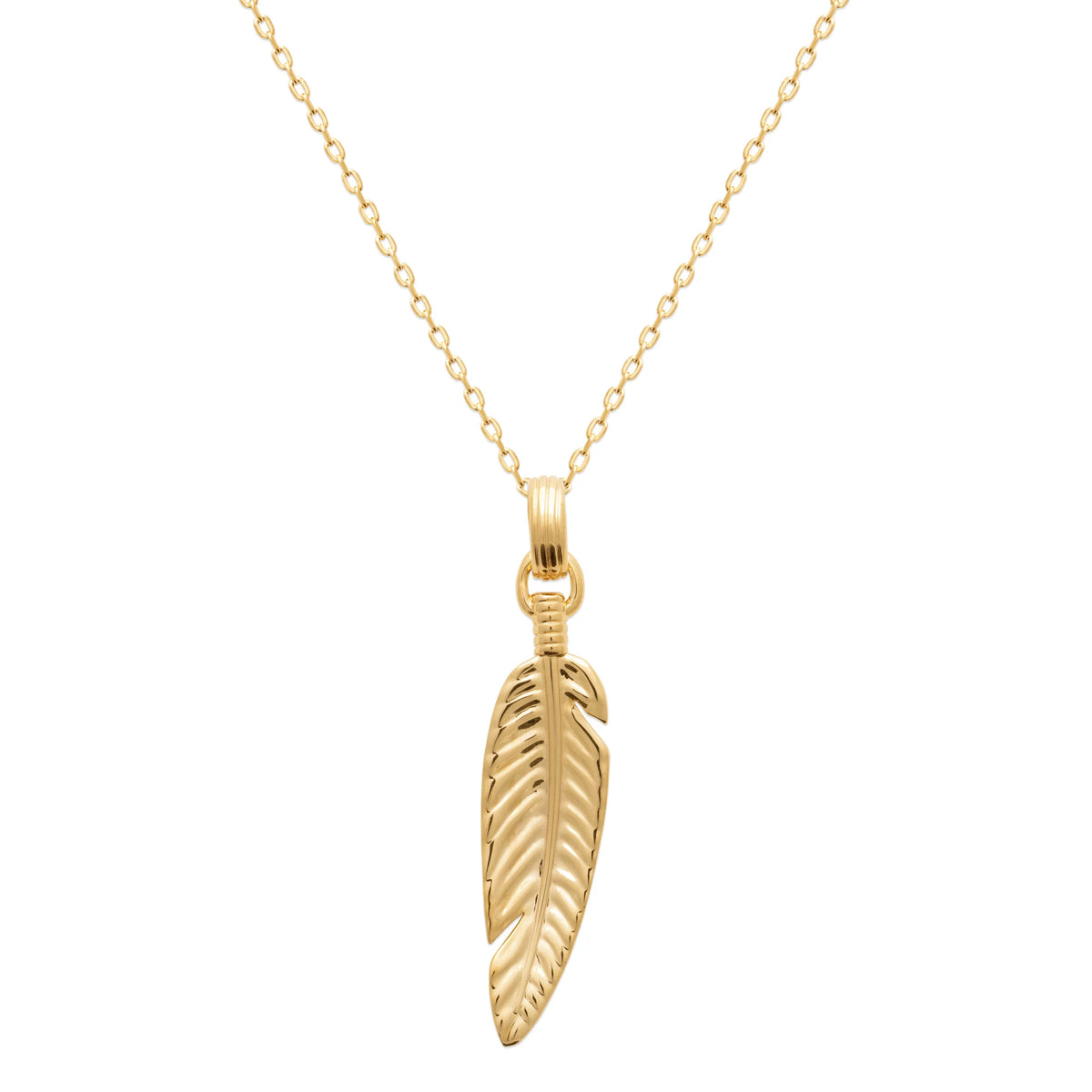 Pendentif plume ciselée en plaqué or vu de profil