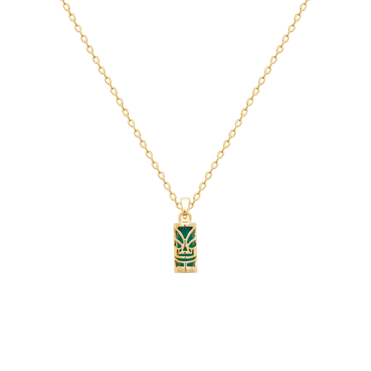 Pendentif tiki ajouré sur agate verte en plaqué or vu de profil