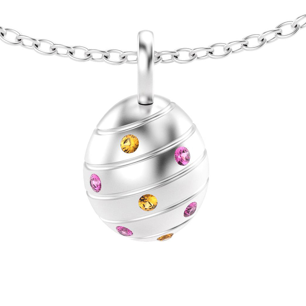 pendentif oeuf pour femme en argent avec grenat mandarin et saphirs roses