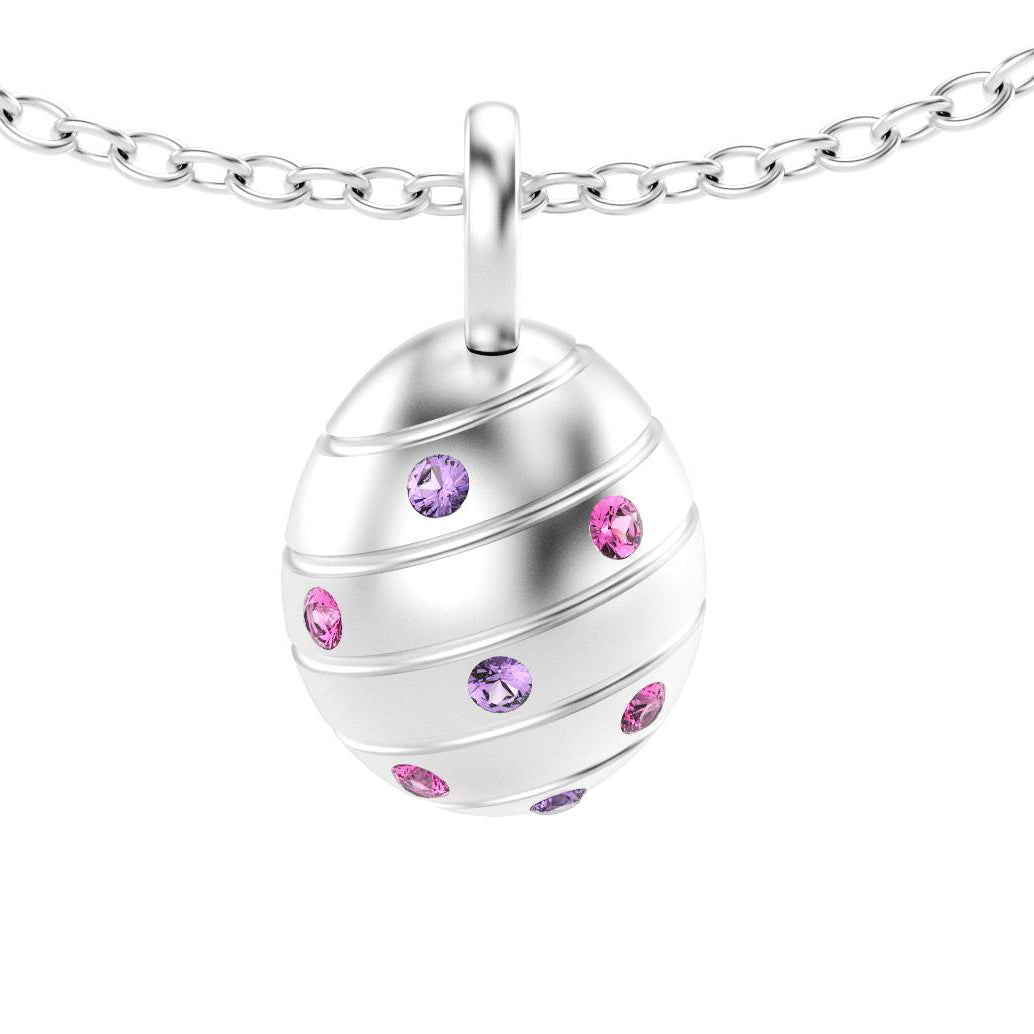 pendentif oeuf pour femme en argent avec saphirs violet et saphirs roses