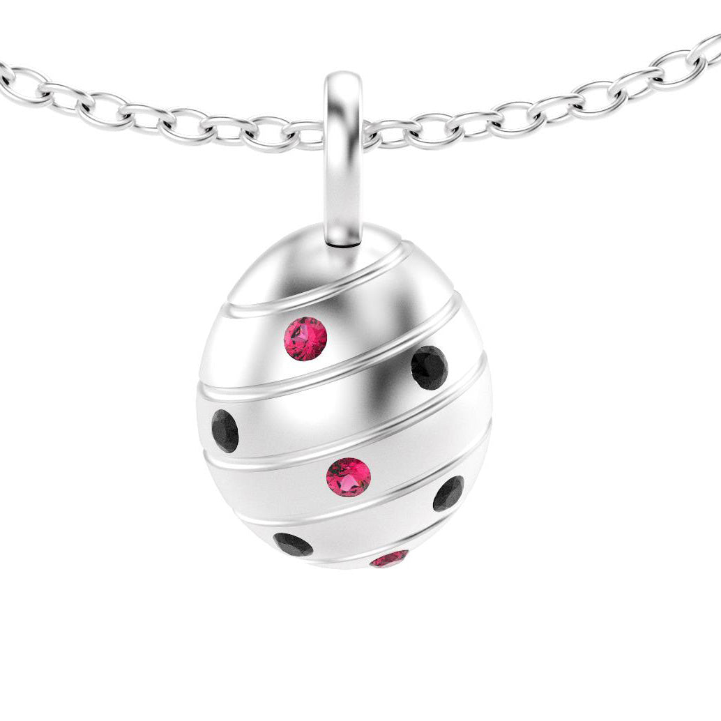 pendentif oeuf pour femme en argent avec spinelles noires et rubis